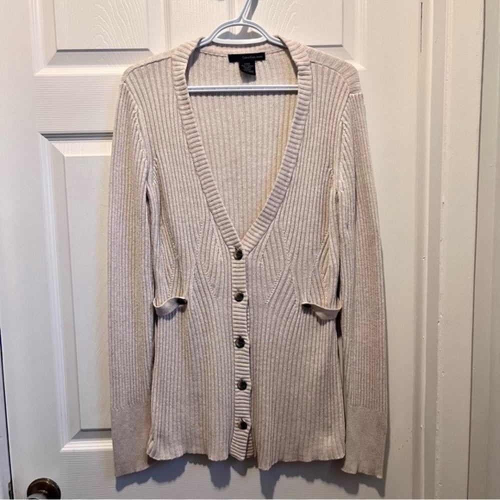 3/25$💥 Calvin Klein Jeans Cardigan beige sweater button women small classic